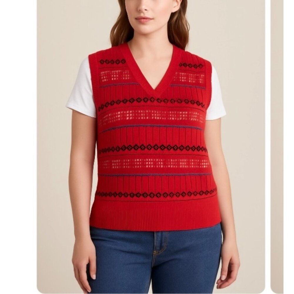 Vintage V-Neck Vest Sweater~Geometric Sleeveless Pullover L